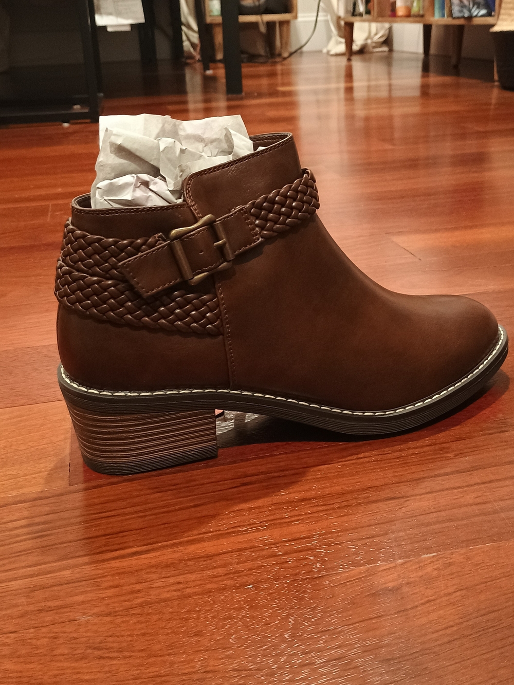 Jeossy, Braided Strap Brown Ankle Boot - Women 9.5
